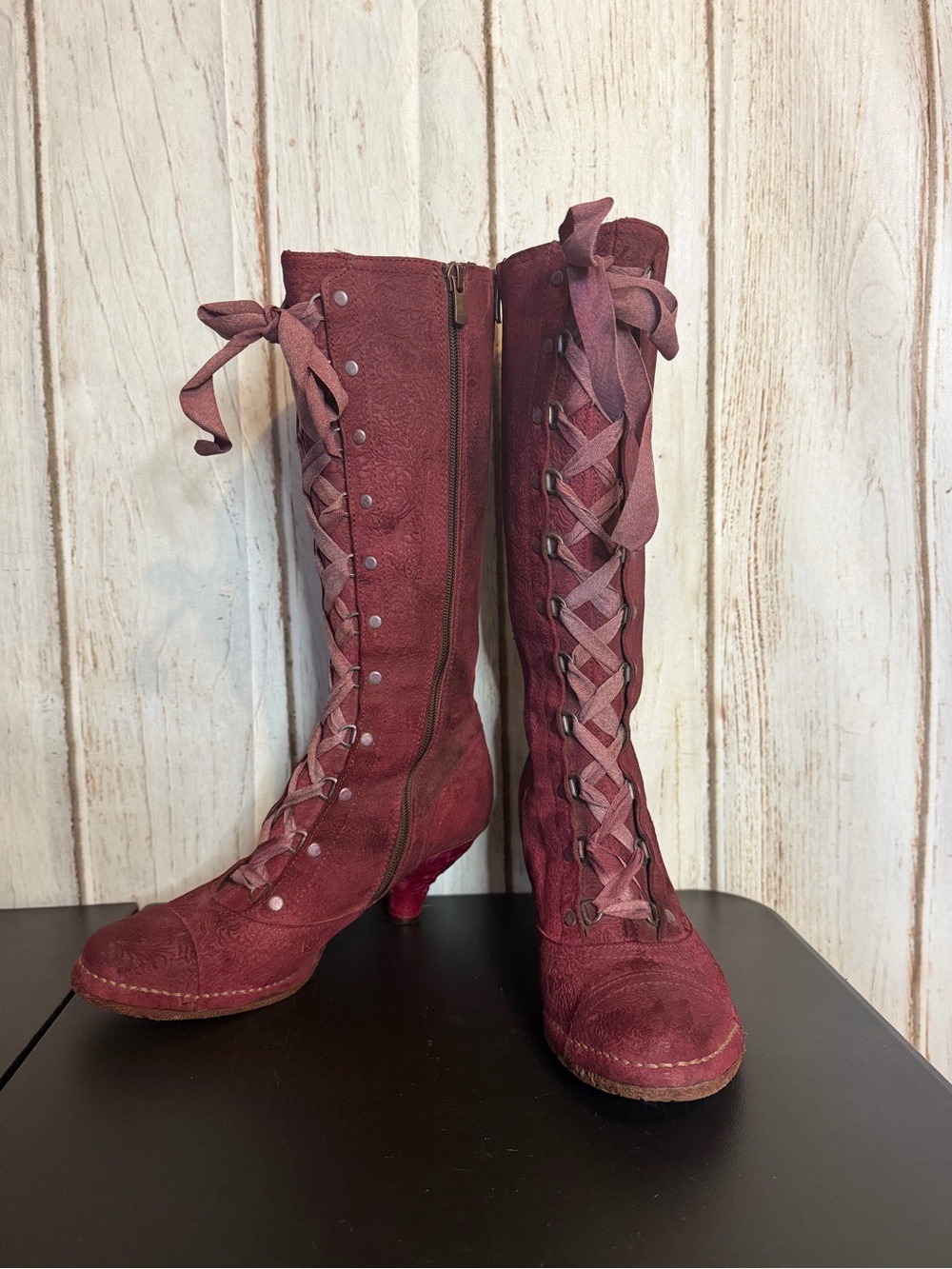 Neosens Burgundy Distressed Leather Lace-Up Mid-Calf Victorian Boots